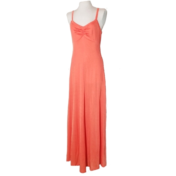 None Dresses & Skirts - Dress Vintage 70s Soft Shimmer Sleeveless Maxi Orange Size S